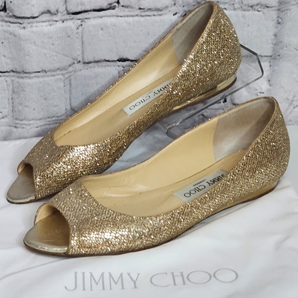 JIMMY CHOO Peep Toe Beck, Glittery Gold Flats Sz 37 EU Metalic Heel